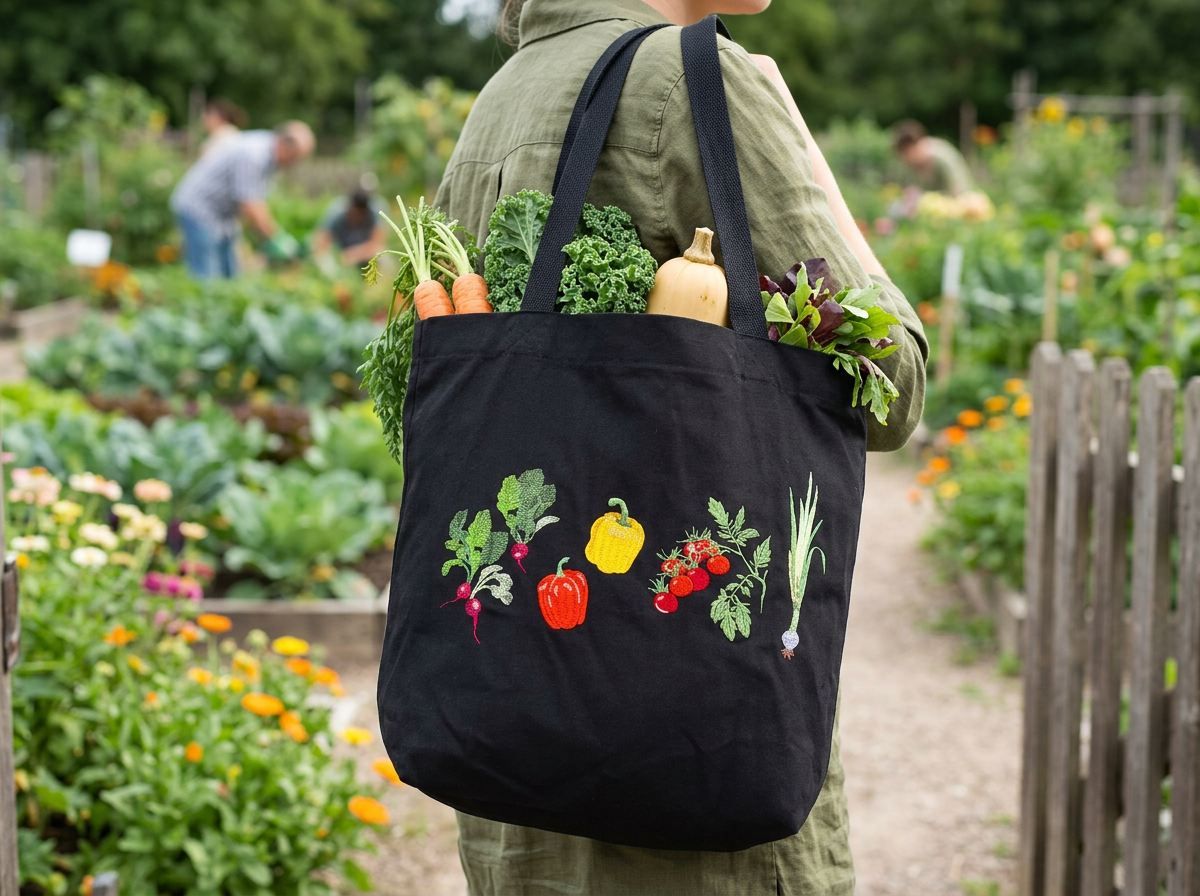 Umhängetasche mit Gemüsestickerei