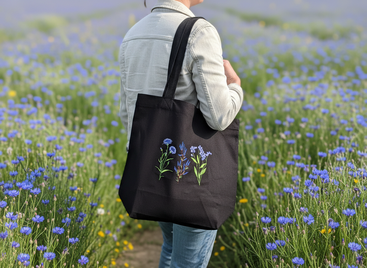 Umhängetasche mit blauen Wildblumen